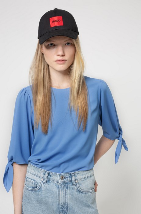 Tie-sleeve top in partially recycled stretch fabric, Blue