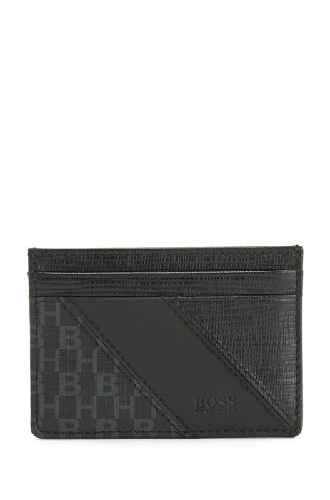 Monogram-print card holder in Italian fabric and leather, Black