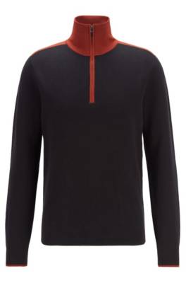 Pull à encolure zippée contrastante, en coton et laine vierge