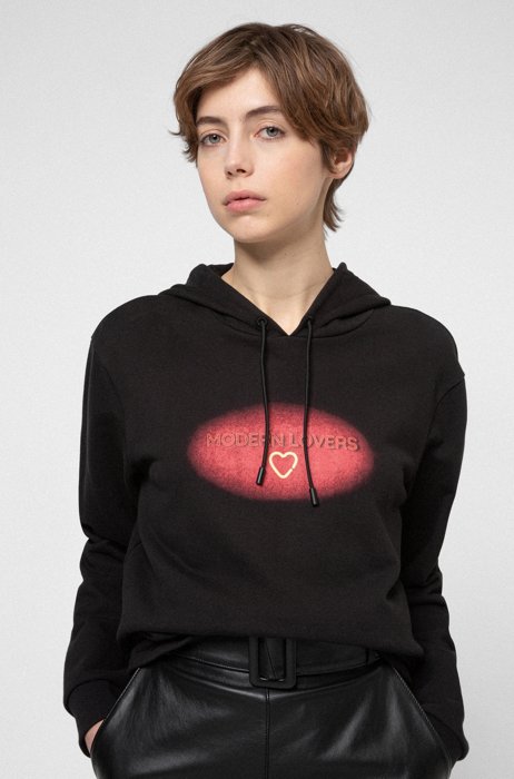 Relaxed-fit hoodie in organic cotton with Valentine's Day print, Black