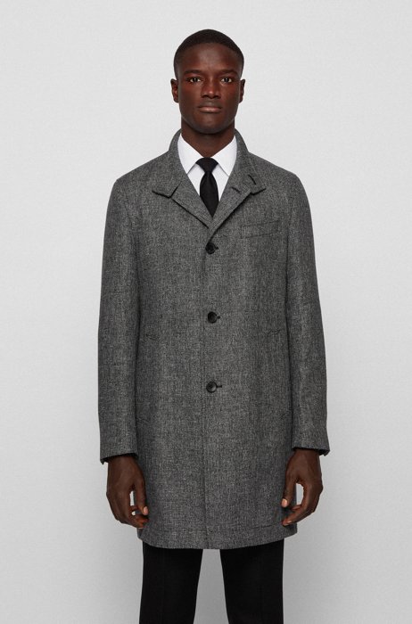 Slim-fit coat in melange yarn with stand collar, Dark Grey