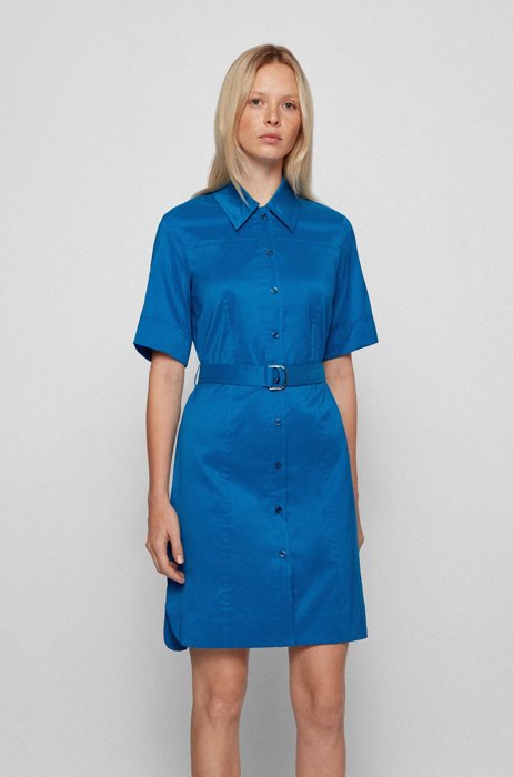 Belted shirt dress in stretch poplin, Blue