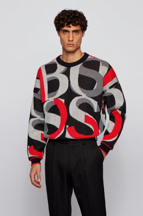 Cotton sweater with large-scale jacquard-woven logos, Black