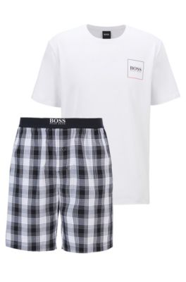 Boss Logo Print Pyjama Set With Checked Shorts
