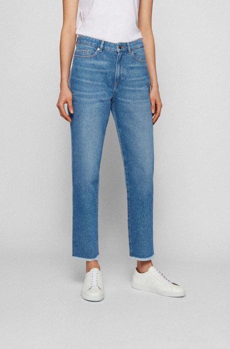 Kortere regular-fit jeans van tweekleurig denim, Blauw