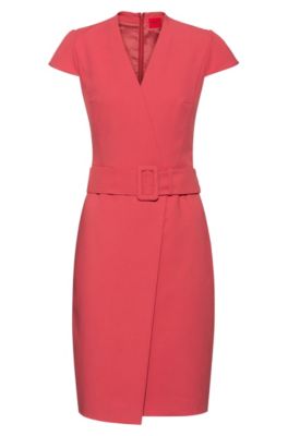Hugo Faux Wrap Dress With Cap Sleeves And Oversized Belt 