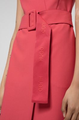 Hugo Faux Wrap Dress With Cap Sleeves And Oversized Belt 