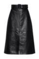 A-line midi skirt in leather with belted waist, Black