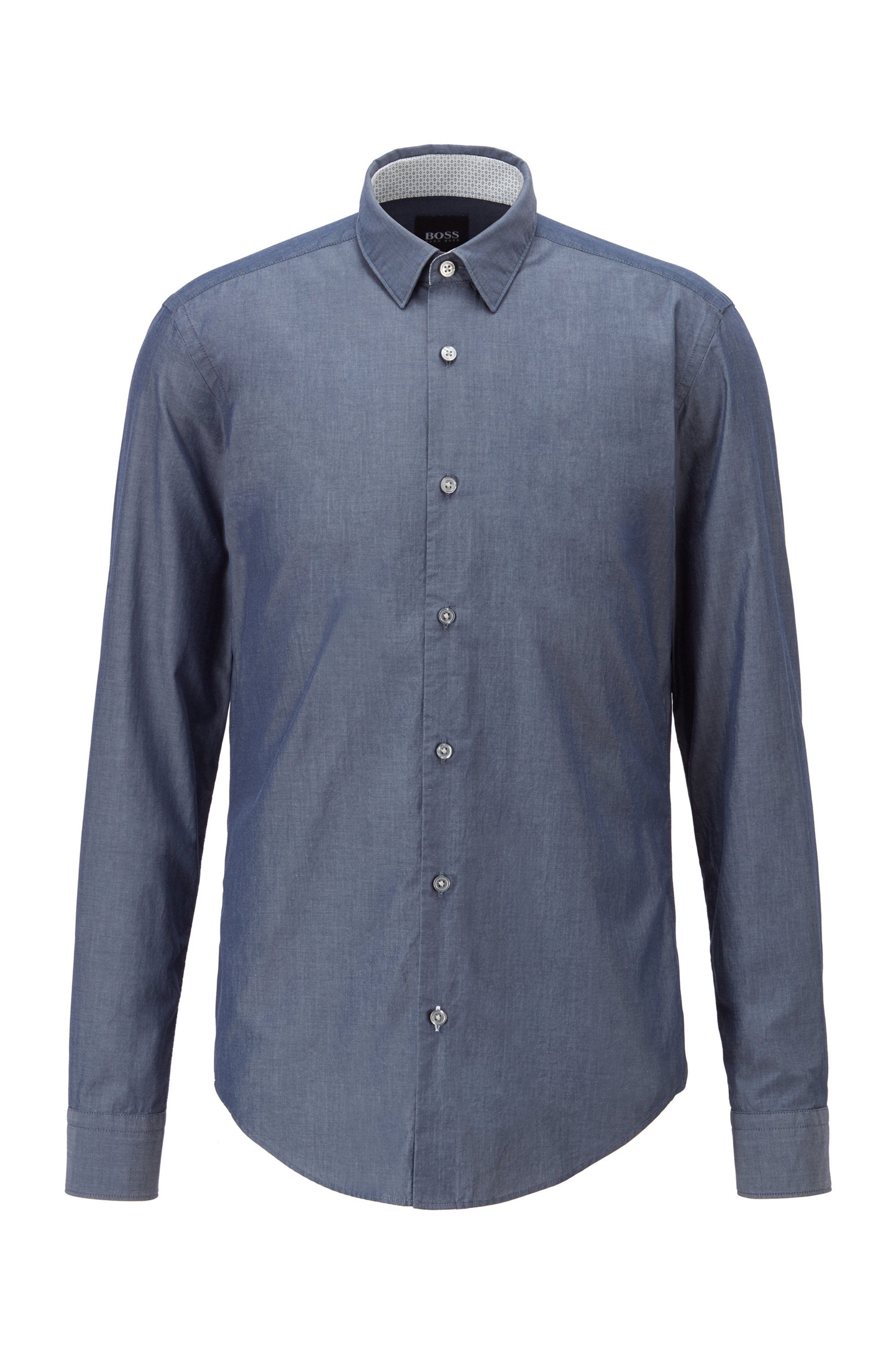Slim-fit shirt in printed Awatti cotton, Dark Blue