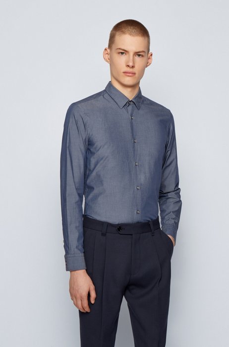 Slim-fit shirt in printed Awatti cotton, Dark Blue