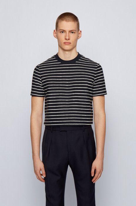 Regular-fit cotton-linen T-shirt with horizontal stripes, Dark Blue