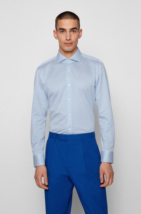 Slim-fit shirt in patterned cotton jersey, Blue Patterned