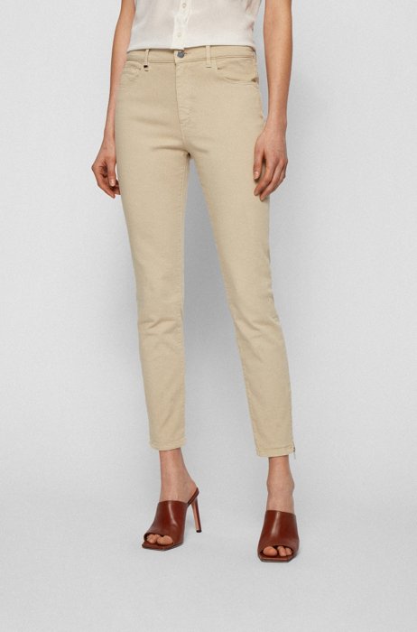 Skinny-fit jeans in overdyed stretch denim with zipped hems, Beige