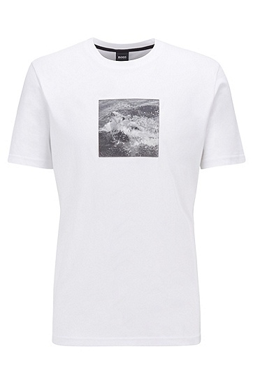 饰有鲨鱼照片印花的棉质平纹针织面料 T 恤,  100_白色
