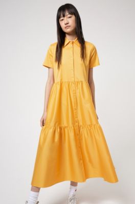 Cotton-blend shirt dress with ruffle skirt