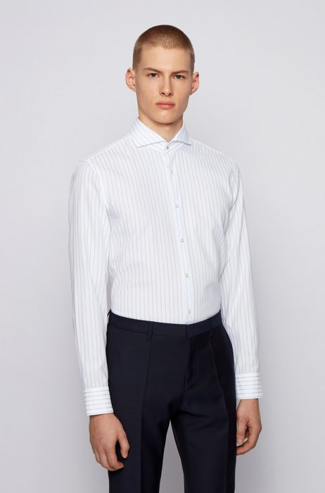 Garment-washed slim-fit shirt in striped cotton, Light Blue