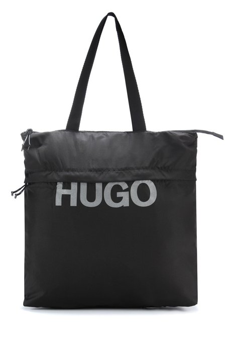 Packable recycled-nylon shopper bag with logo, Black