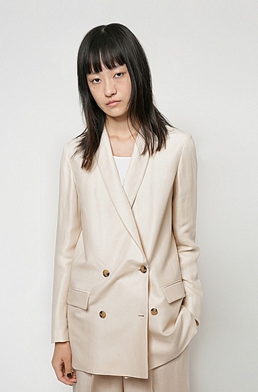 亚麻混纺宽松版型长款夹克外套,  104_Natural