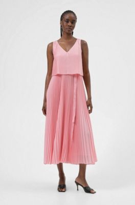 Hugo Layered Plisse Dress With Logo Belt 