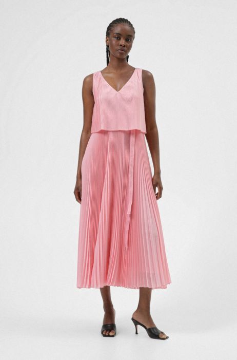 Hugo Layered Plisse Dress With Logo Belt