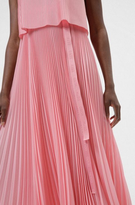 Hugo Layered Plisse Dress With Logo Belt 