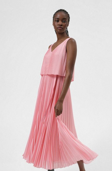 Hugo Layered Plisse Dress With Logo Belt 