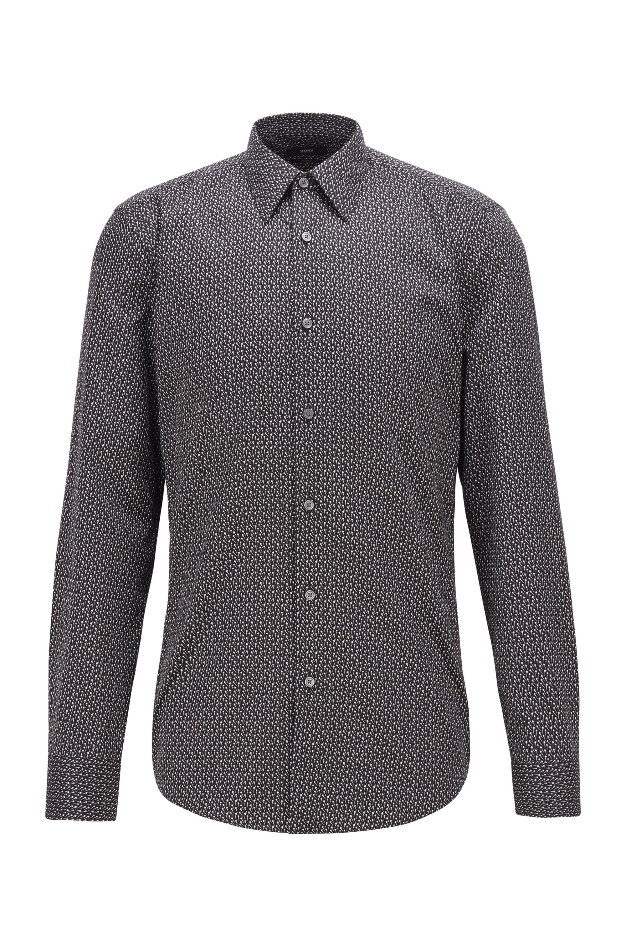 Gemustertes Slim-Fit Hemd aus italienischem Baumwoll-Satin, Schwarz