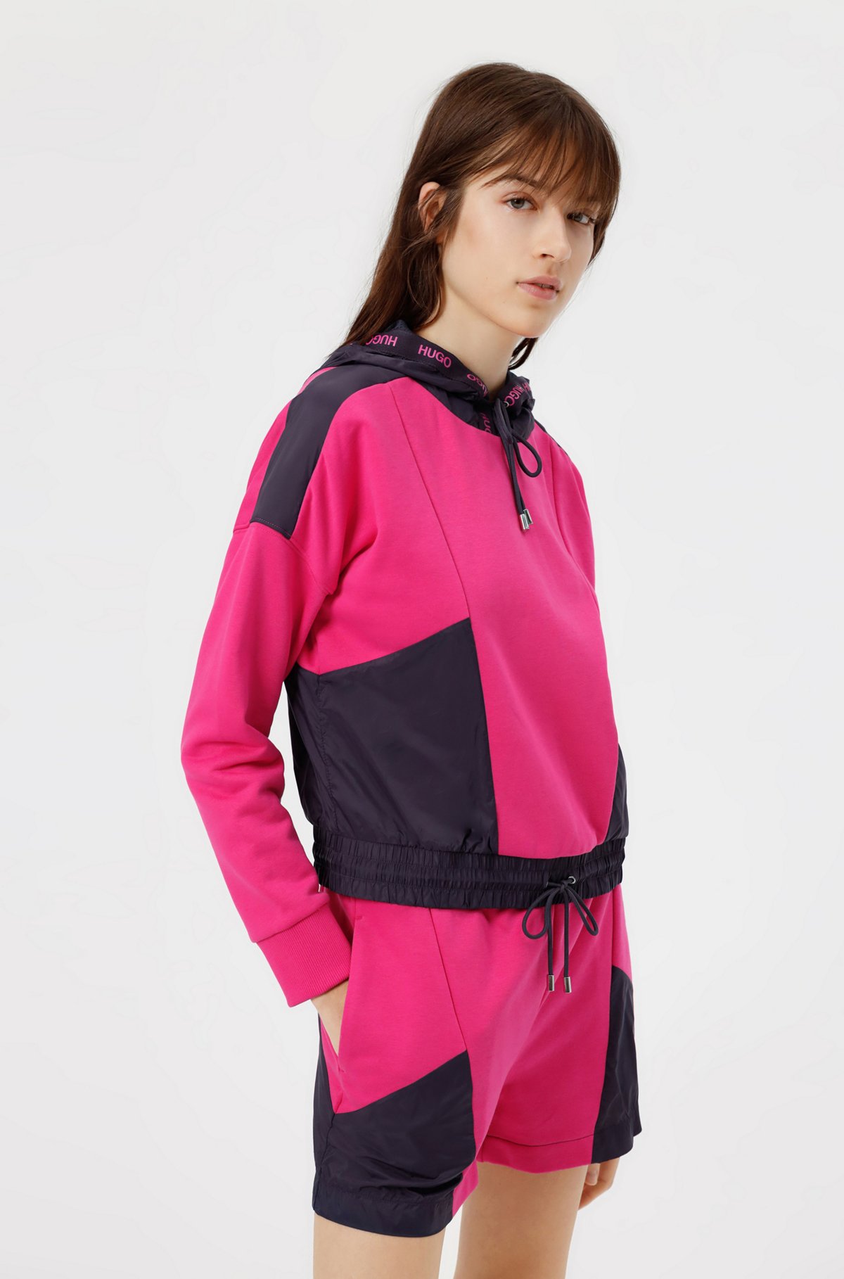 Hybrid color-blocked hoodie with logo-tape trim, Patterned