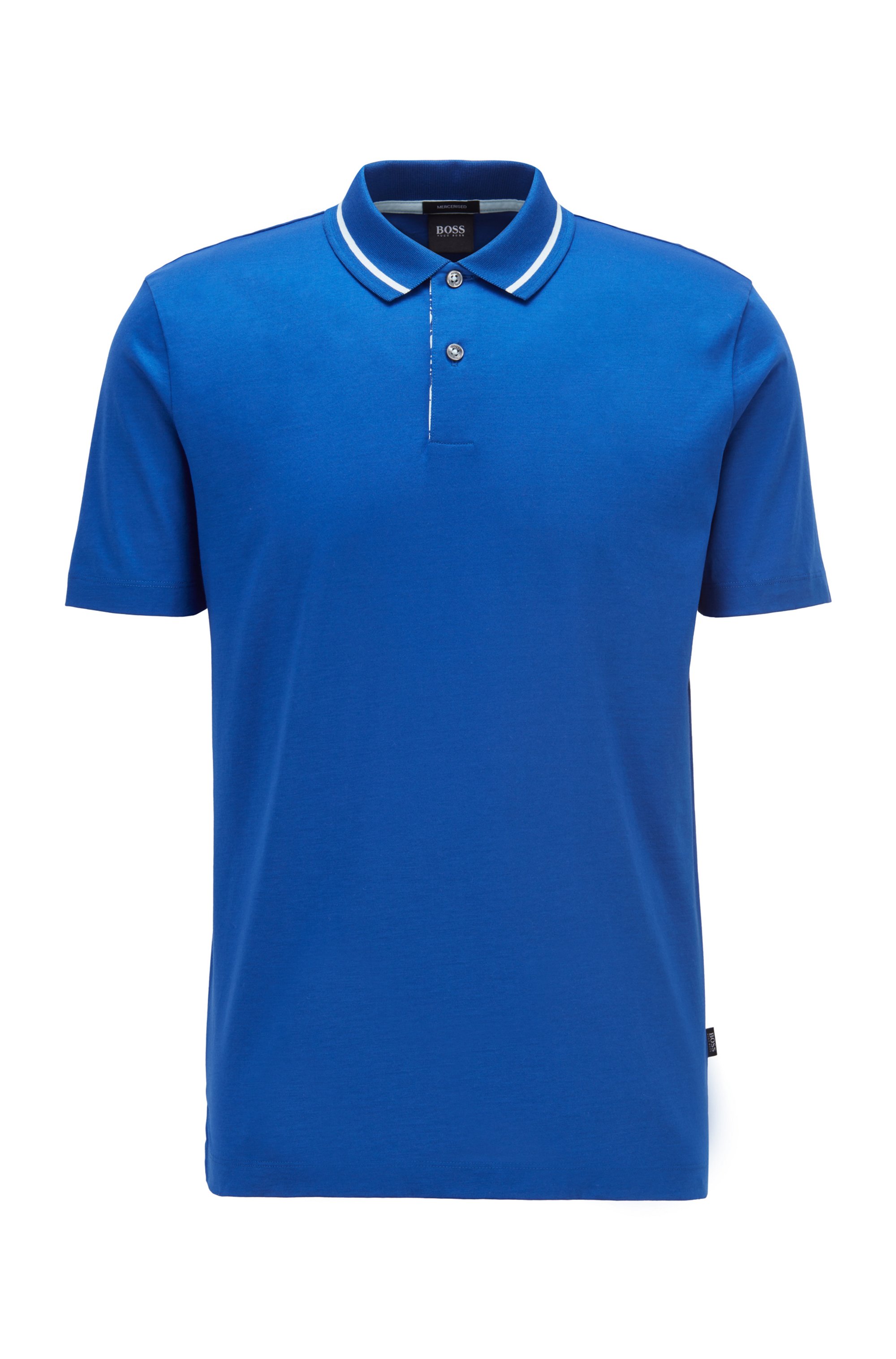 Mercerised-cotton polo shirt with printed underplacket, Blue