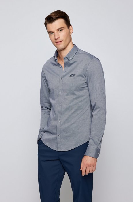 Long-sleeved regular-fit shirt with curved logo, Dark Blue