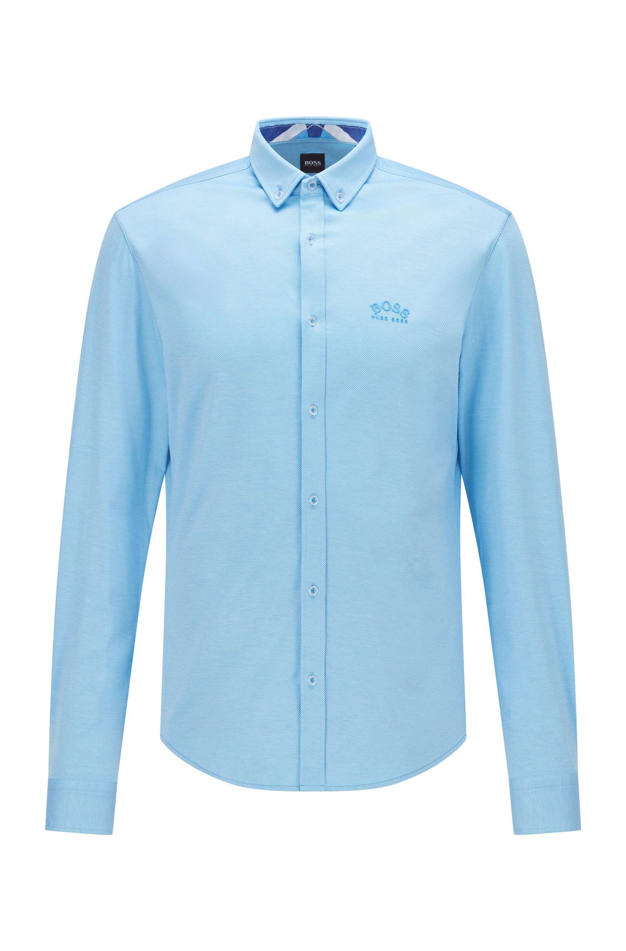 Long-sleeved regular-fit shirt with curved logo, Light Blue