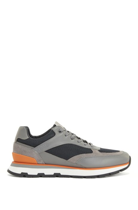 Running-inspired trainers in mixed leathers, Light Grey
