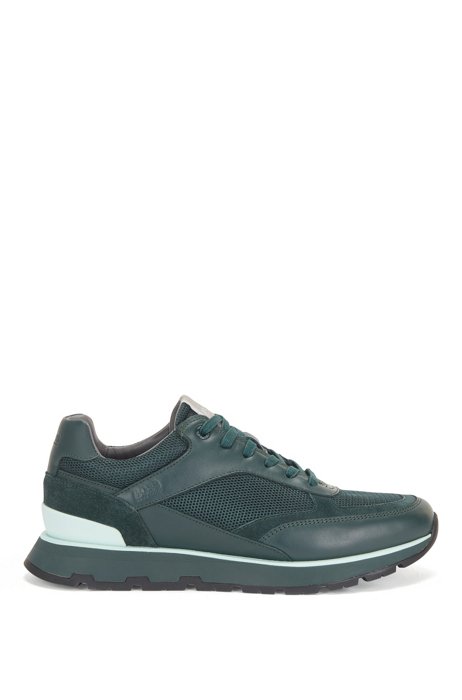 Running-inspired trainers in mixed leathers, Dark Green