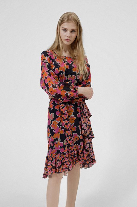 Belted dress in cotton and silk with floral print, Patterned