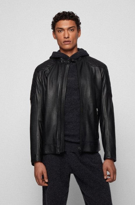 Slim-fit jacket in plongé leather with quilted details, Black