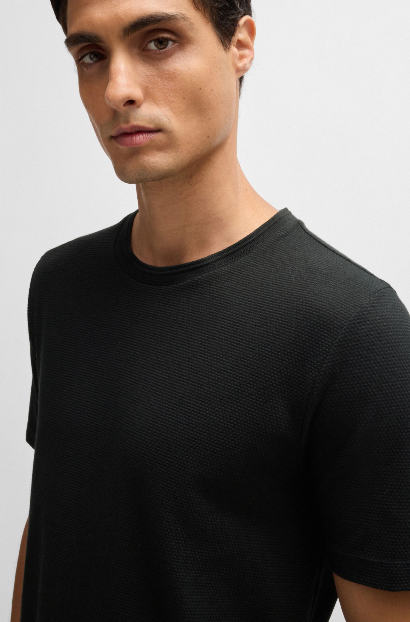 Cotton-blend T-shirt with bubble-jacquard structure, Black