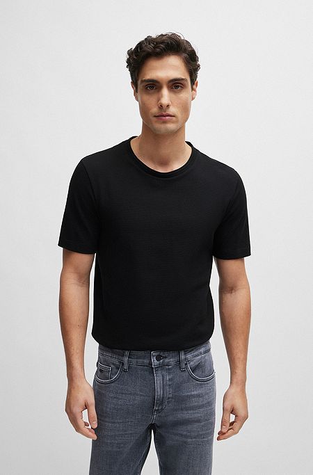 Cotton-blend T-shirt with bubble-jacquard structure, Black