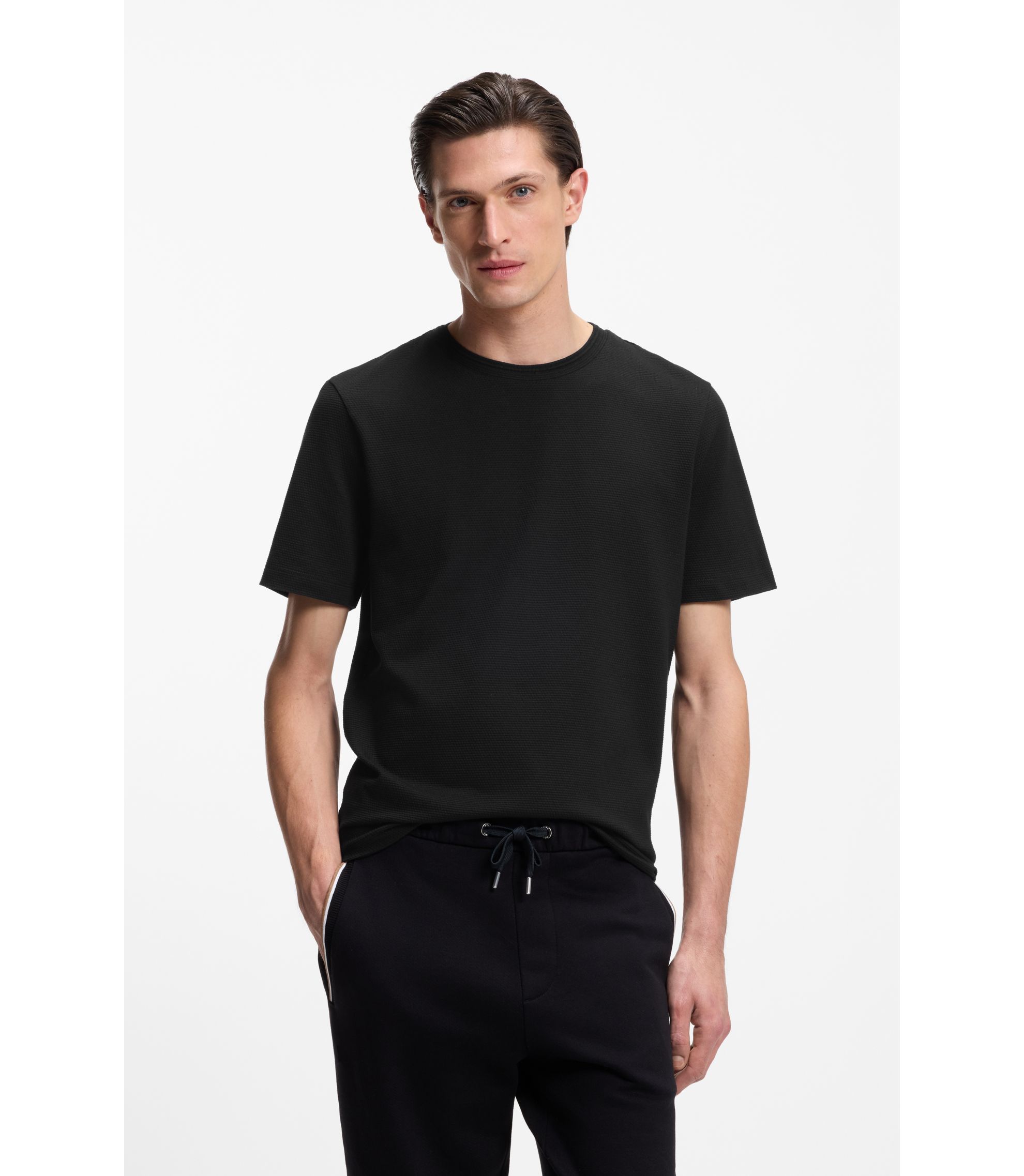 BOSS - Cotton-blend T-shirt with bubble-jacquard structure - Black