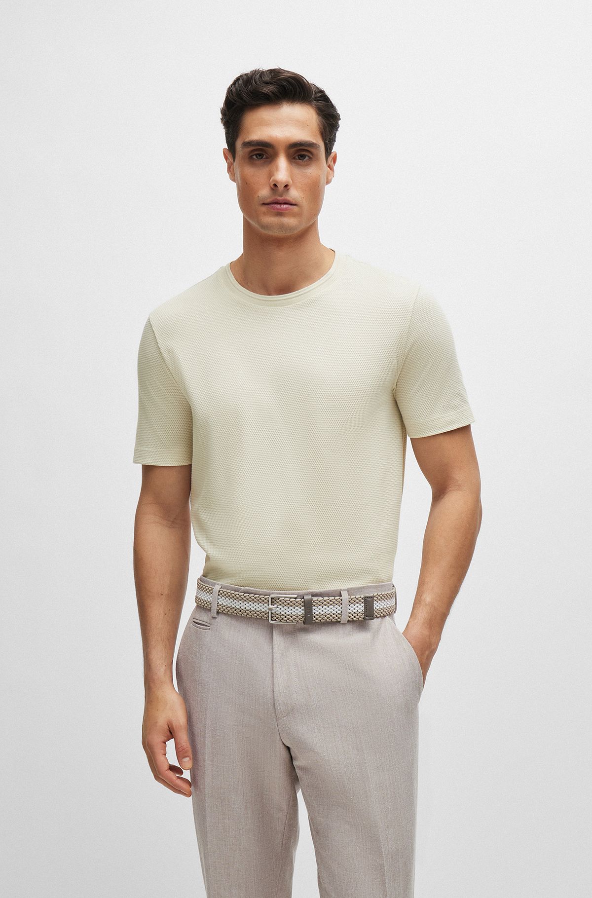 Cotton-blend T-shirt with bubble-jacquard structure, Natural