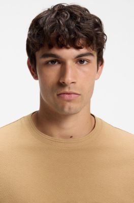 T-shirt van een katoenmix met bobbelige jacquardstructuur, Beige