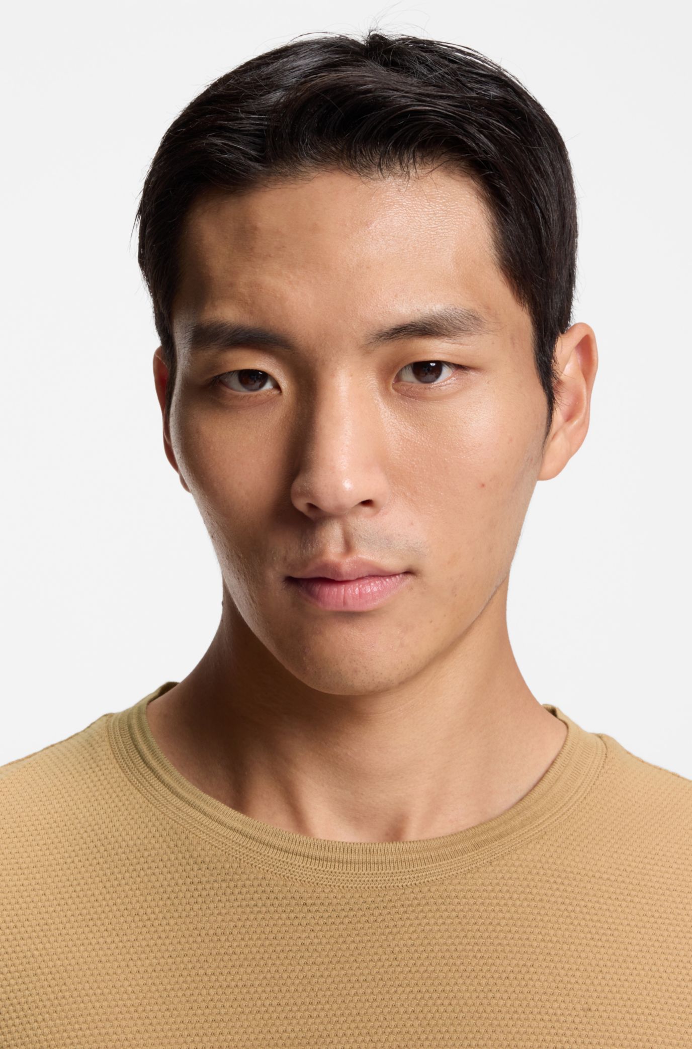 Cotton-blend T-shirt with bubble-jacquard structure, Beige