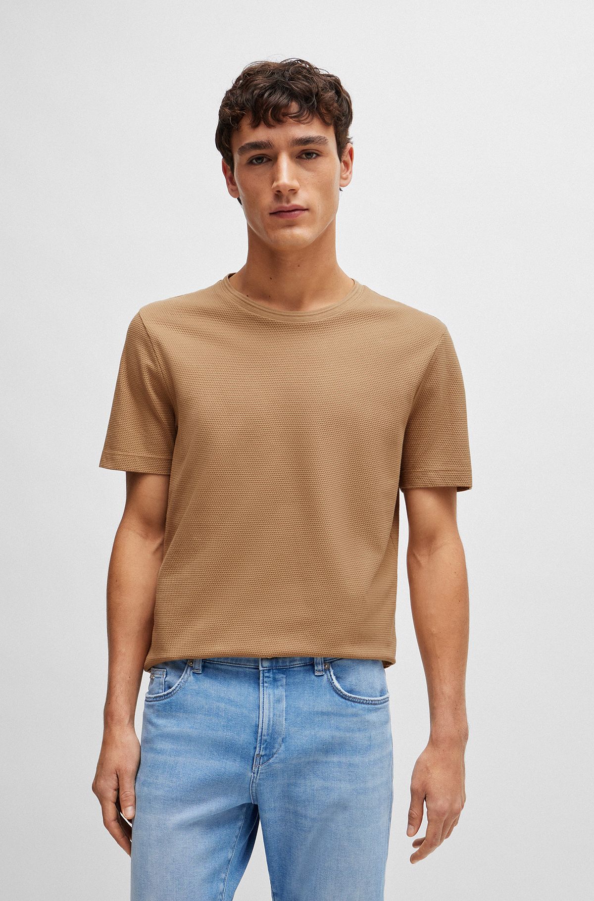 Cotton-blend T-shirt with bubble-jacquard structure, Beige