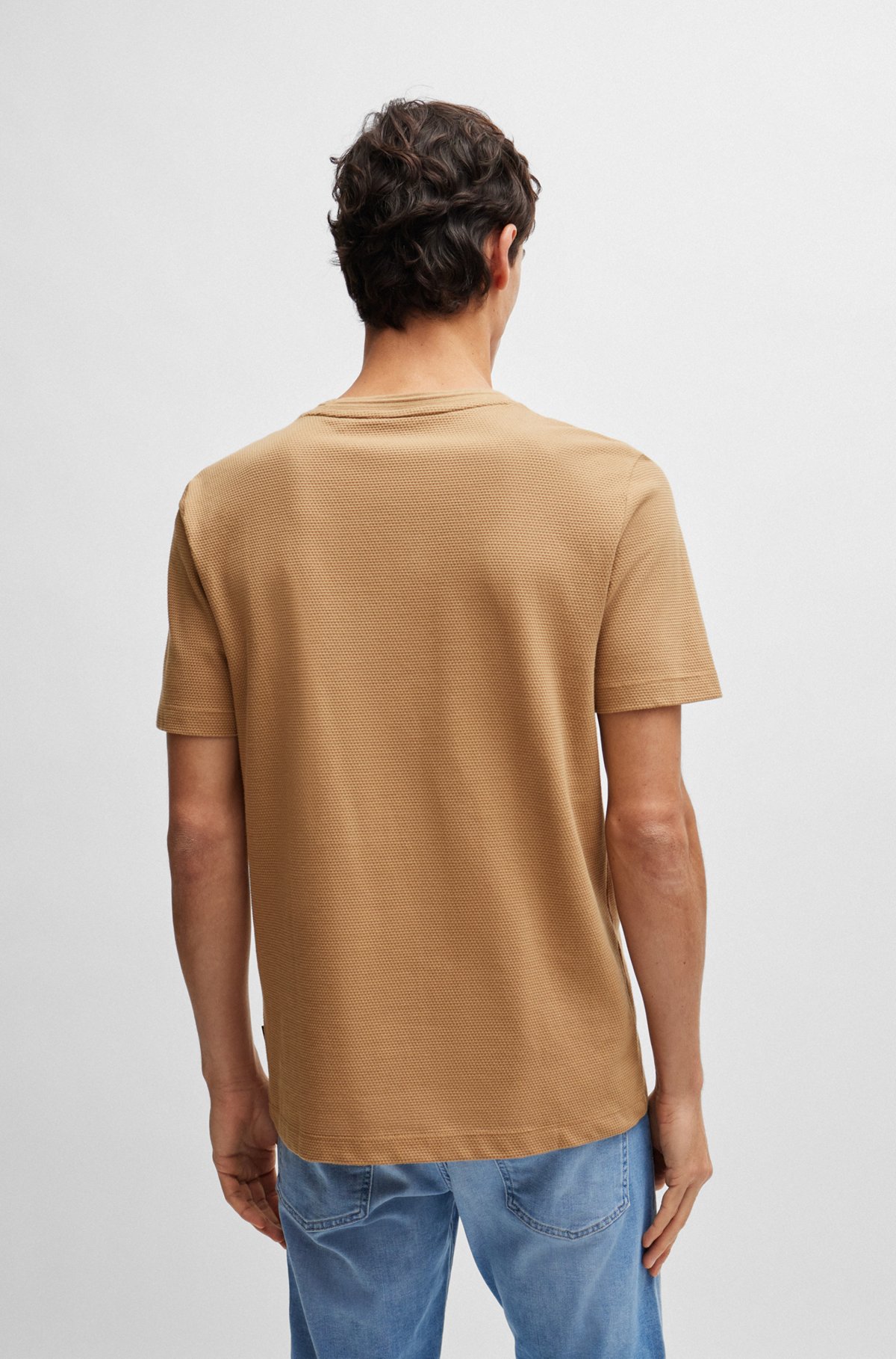 Cotton-blend T-shirt with bubble-jacquard structure, Beige