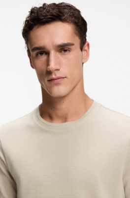 Cotton-blend T-shirt with bubble-jacquard structure, Light Beige