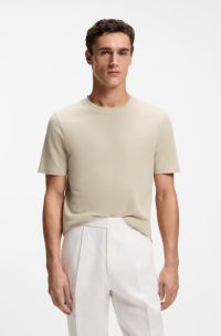 Cotton-blend T-shirt with bubble-jacquard structure, Light Beige