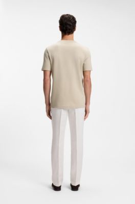 Cotton-blend T-shirt with bubble-jacquard structure, Light Beige