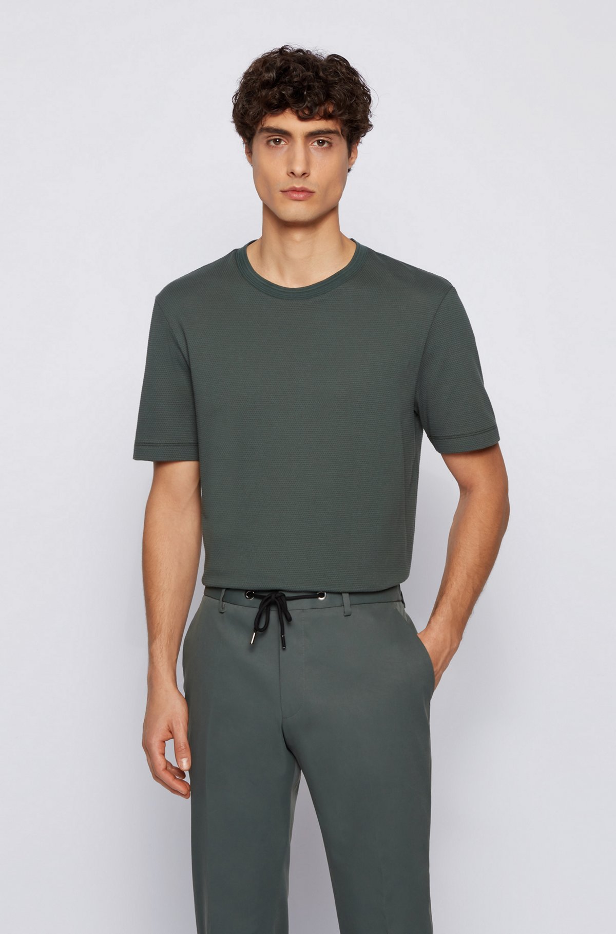 Cotton-blend T-shirt with bubble-jacquard structure, Dark Green