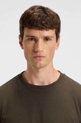 Cotton-blend T-shirt with bubble-jacquard structure, Dark Brown