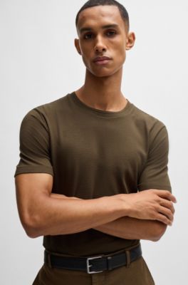 Cotton-blend T-shirt with bubble-jacquard structure, Dark Brown