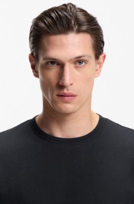 Cotton-blend T-shirt with bubble-jacquard structure, Dark Blue